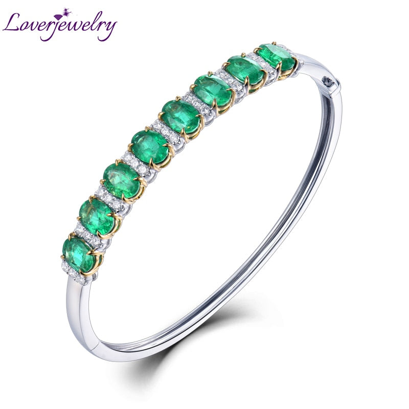 Solid 18Kt Au750 Yellow Gold Oval Shape Green Emerald Wedding Bangle Sparkly Diamond Jewelry for Women Christmas