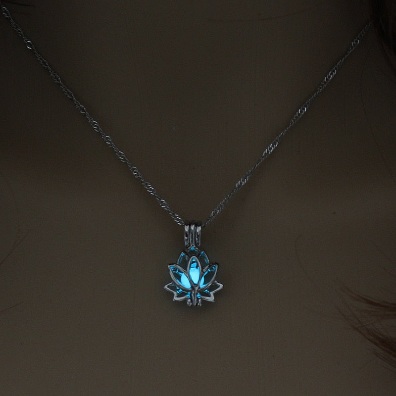Glowing In The Dark Moon Lotus Flower Shaped Pendant Necklace For Women Yoga Prayer Buddhism Jewelry