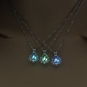 Glowing In The Dark Moon Lotus Flower Shaped Pendant Necklace For Women Yoga Prayer Buddhism Jewelry