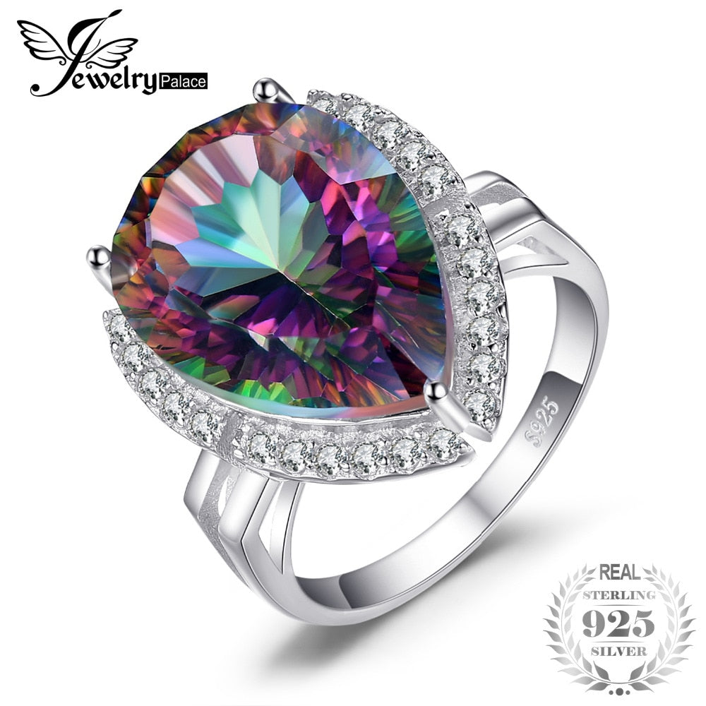 Luxury 13ct Genuine Rainbow Fire Mystic Gem Stone Topaz Pure Solid 925 Sterling Silver Ring For Women Pear Promotion Brand New