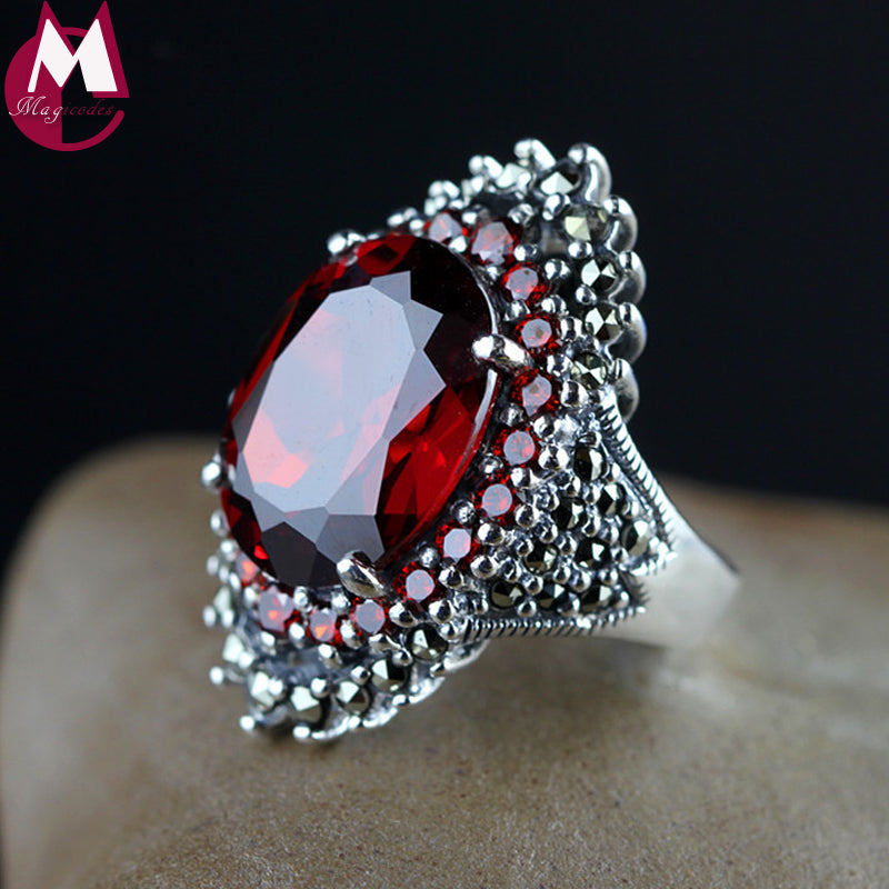 Luxury 18*14 Big Gemstone Jewelry Natural Red Garnet Wedding Ring For Women Punk Party Engagement 925 Sterling Silver Ring SR68