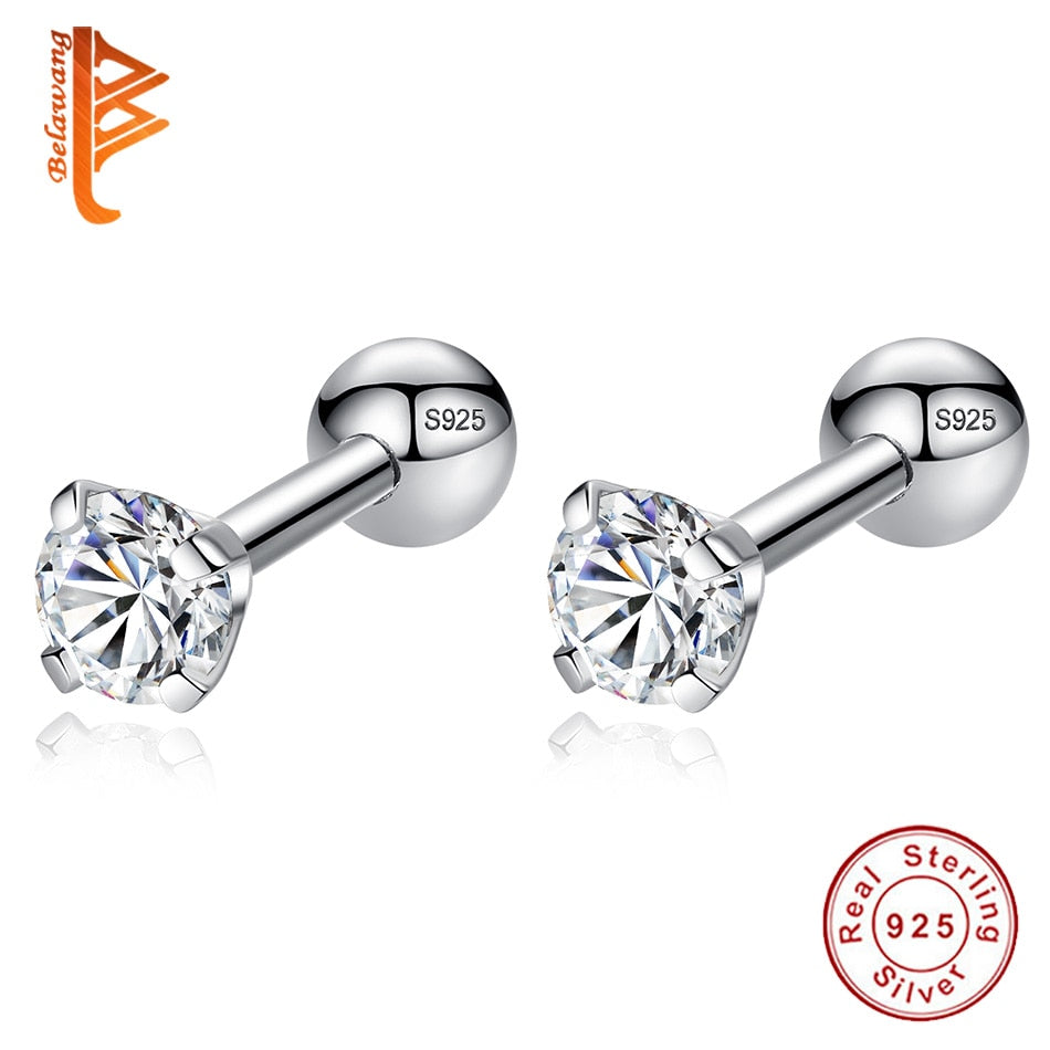 Luxury 925 Sterling Silver Small Round CZ Zircon Screw Back Stud Earrings For Women Wedding Engagement Piercing Jewelry
