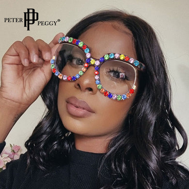 Brand Designer Rhinestone Eyeglasses Women's Color Diamond Sunglasses Half Frame Optical Clear Computer Glasses