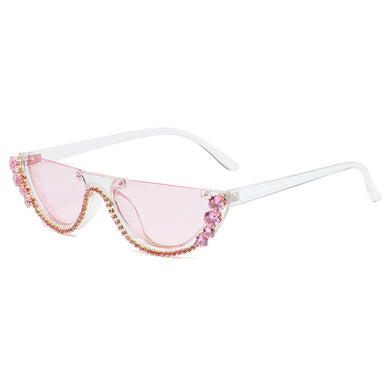 Brand Designer Small Half Frame Cat Eye Sunglasses Women Travel Retro Diamond Crystal Sun Glasses Sexy Ladies