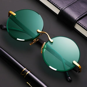 Brand Handmade Dark Green Crystal Stone Glasses Lens Anti-ultraviolet Sunglasses Round Retro Curved Mirror Sun Glasses