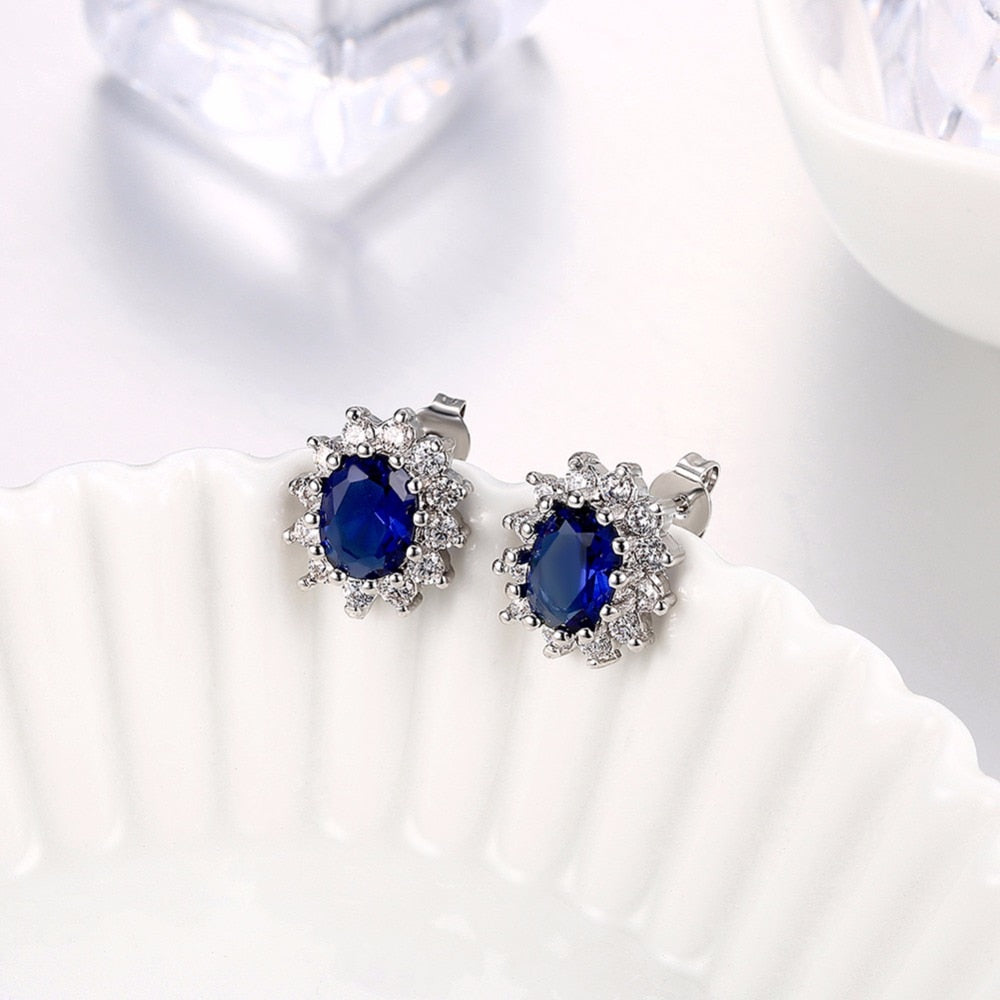 Luxury British Kate Princess Diana William Engagement Wedding Blue Blue Crystal Earrings Stud Set Solid Gold colour
