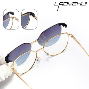 Cat Eye Metal Decorative Glasses With Magnet Clip Optical Prescription Eyeglasses Frame Brand Female Sunglasses Polarized
