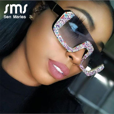 Crystal Square Sunglasses Women Brand Designer Half Frame Oversized Rhinestone Sunglasses Men Eyeglasses For Female UV400