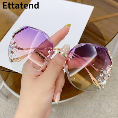 Designer Rimless Sunglasses Women Vintage Brand Shades Bling Rhinestone Big Diamond Sun Glasses Gafas De Sol