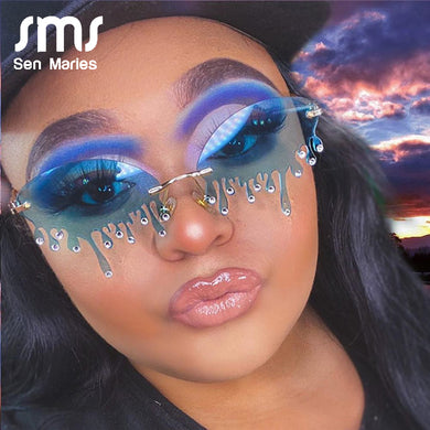 Diamond Sunglasses Women Vintage Unique Tears Shape Punk Sunglasses Rimless Crystal Eyeglasses Female Gafas Shades UV400