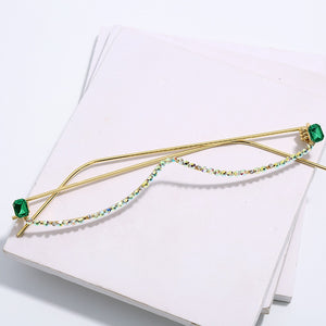 Luxury Fashion Diamond eyeglasses Alloy Frame for Women green and Red Pink Gem Lensless Chain Pendant Half Frame glasses
