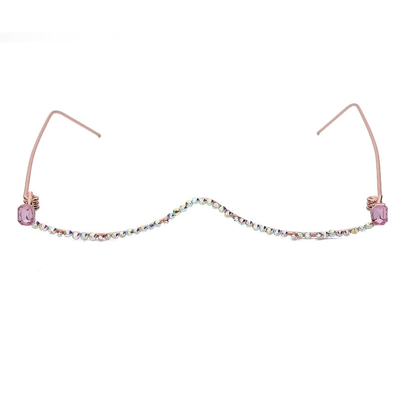 Diamond eyeglasses Alloy Frame for Women green and Red Pink Gem Lensless Chain Pendant Half Frame glasses