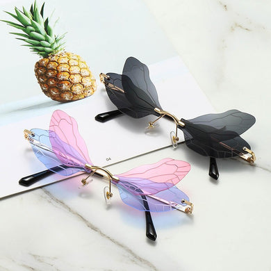 Rimless Oversized Cat Eye Sunglasses Women 2023 Vintage Gradient Colorful Dragonfly Steampunk Sun Glasses UV400