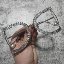 Carica l&#39;immagine nel visualizzatore di Gallery, Occhiali da sole di marca con montatura a mezza montatura Occhiali da sole quadrati con perle da donna per occhiali da donna oversize con strass femminili