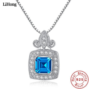 Luxury Jewelry 100% 925 Sterling Silver Necklace London Sapphire Pendant Necklace for Women Glamour Jewelry Wedding Gifts 45CM