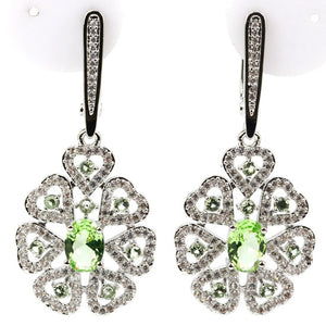 Luxury Long Light Green Tsavorite Garnet White CZ Woman's 925 Silver Earrings 46x21mm