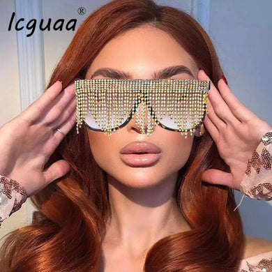 Oversized Sunglasses Tassel Diamond Handmake Eye Wear One Piece Brand Designer Gafas Oculos Sunglasses