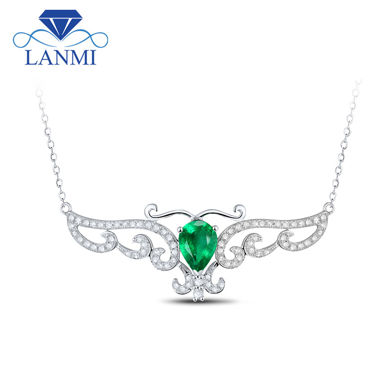 Luxury Pear Cut Natural Diamond Emerald Pendant Solid 14Kt White Gold Loving Necklace Gemstome Jewelry for Women