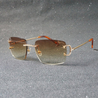 Luxury Rhinestone C Wire Rimless Oval Sunglasses Men Stone Metal Frame Square Shades for Women Summer Club Oculos Eyewear