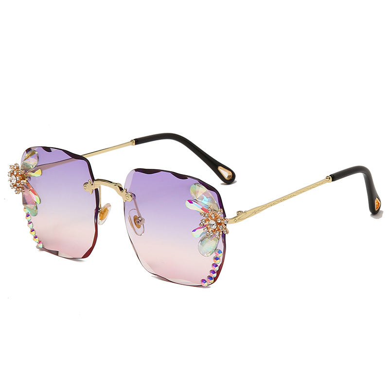 Rhinestone Square Rimless Sunglasses Brand Designer Big Diamond Sun Glasses Pink Shades for Women Eyeglasses