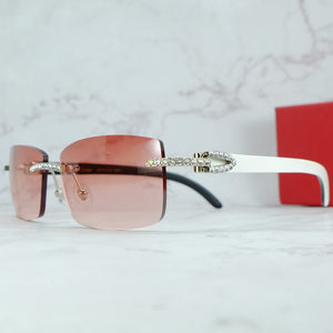 Occhiali da sole quadrati con strass Legno corno di bufalo Diamond Carter Occhiali da sole ghiacciati Occhiali da sole da uomo senza montatura 