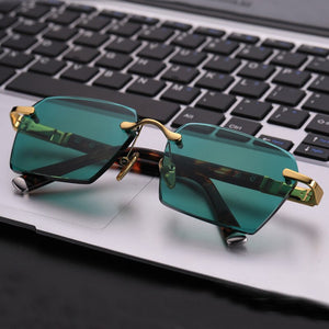 Rimless Green Glass Sunglasses Man Natural Crystal Stone Sun Glasses Woman Vintage Acetate Frame Anti Eye Dry