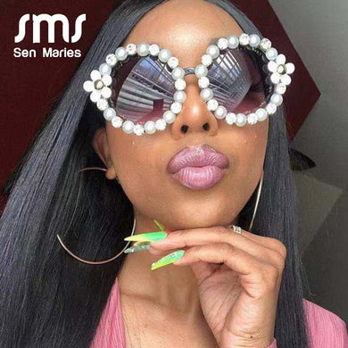 Occhiali da sole da donna fiore dolce con strass di perle occhiali da sole rotondi occhiali retrò vintage per tonalità da spiaggia da donna UV400 