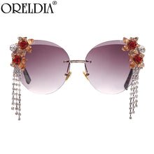 Load image into Gallery viewer, Tassel Rhinestones Sunglasses Women Cat Eye Rimless Diamond Flower Sun Glasses Lady Brand Designer Eyewear UV400