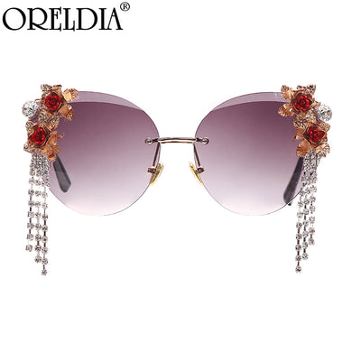 Tassel Rhinestones Sunglasses Women Cat Eye Rimless Diamond Flower Sun Glasses Lady Brand Designer Eyewear UV400