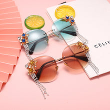 Load image into Gallery viewer, Tassel Rhinestones Sunglasses Women Cat Eye Rimless Diamond Flower Sun Glasses Lady Brand Designer Eyewear UV400