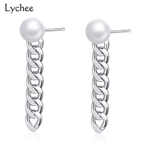 Pearl Thick Chain Women Stud Earrings 925 Sterling Silver Fine Jewelry Stud Earrings Party Silver Fashion Jewelry