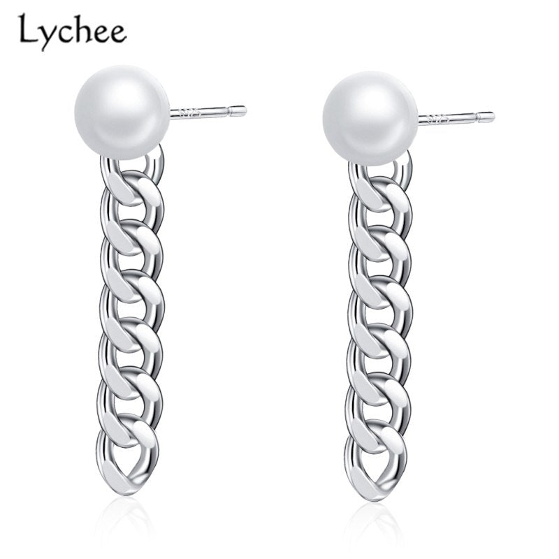 Pearl Thick Chain Women Stud Earrings 925 Sterling Silver Fine Jewelry Stud Earrings Party Silver Fashion Jewelry
