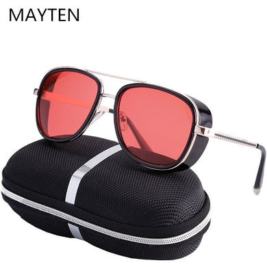 MAYTEN 2023 Steampunk Iron Man Sunglasses Men Mirrored Designer Brand Women Glasses Vintage Red lens Sun glasses UV400