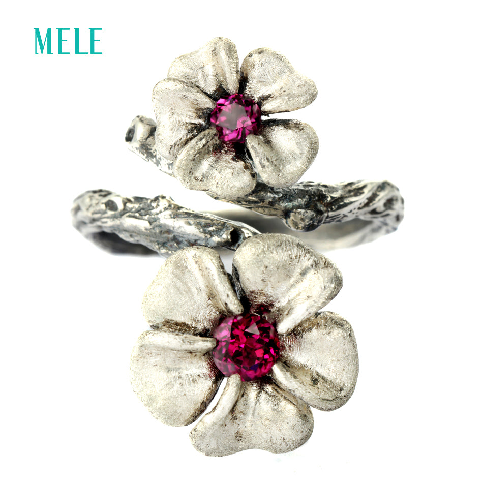 Natural garnet 925 sterling silver ring for women, 13mm and 10mm for Plum blossom flowers size vintage gemstone jewelry