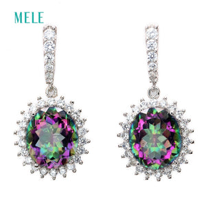 Natural mystic quarts silver earring, big oval 10mm*12mm, rainbow crystal silver jewelry, fashion and classical style