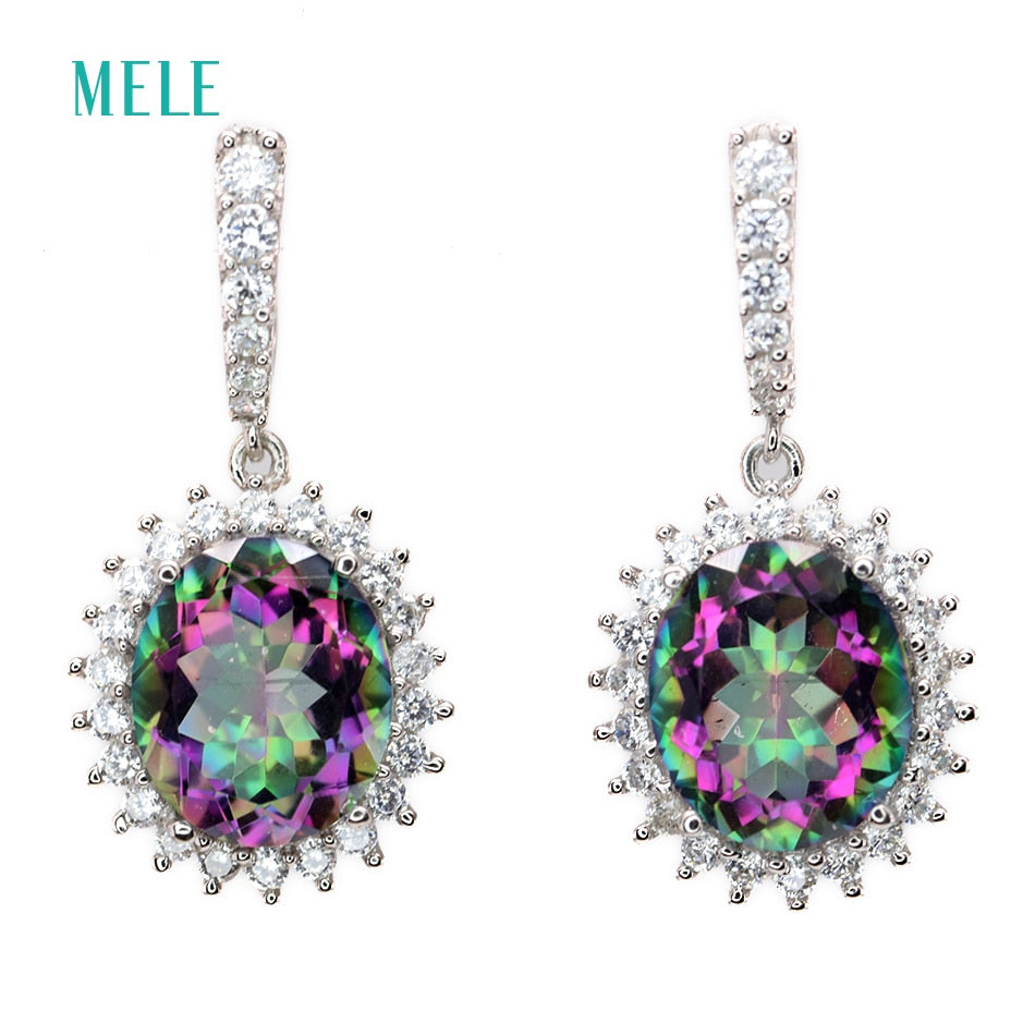 Natural mystic quarts silver earring, big oval 10mm*12mm, rainbow crystal silver jewelry, fashion and classical style