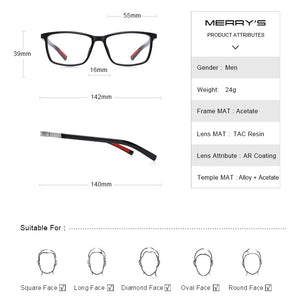 MERRYS DESIGN Men  Acetate Glasses Frame Myopia Prescription Eyeglasses Spring Hinge Silicone Temple Tip S2518