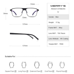 MERRYS DESIGN Men Titanium Alloy Glasses Frame Male Square Ultralight Eye Myopia Prescription Eyeglasses TR90 Legs S2002