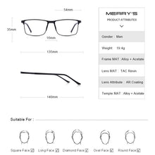 Carica l&#39;immagine nel visualizzatore di Gallery, MERRYS DESIGN Men Titanium Alloy Glasses Frame Male Square Ultralight Eye Myopia Prescription Eyeglasses TR90 Nose Pads S2036