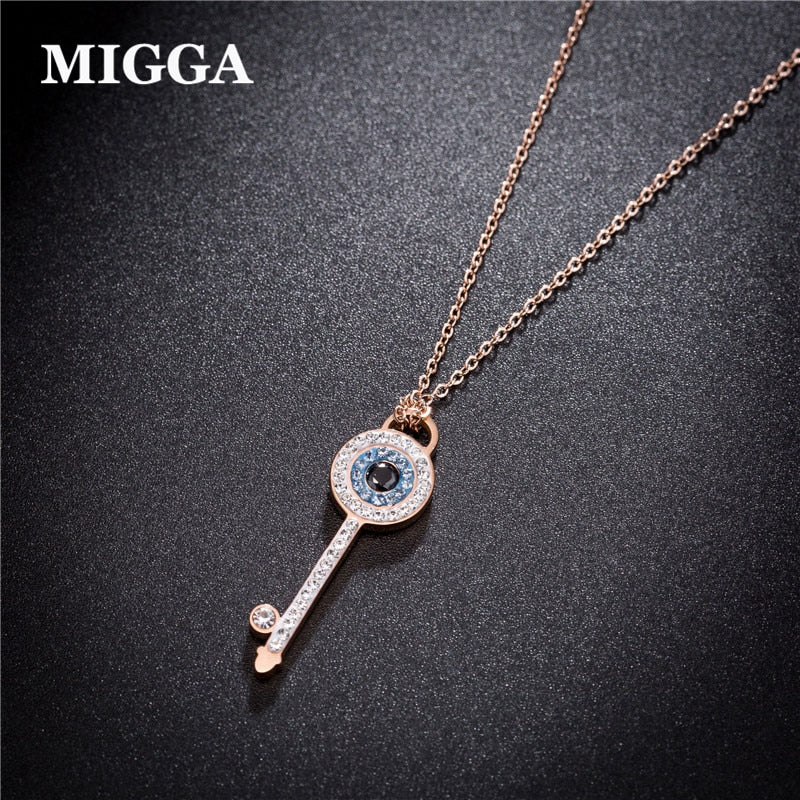 Rose Gold Color Blue Austrian Crystal Key Pendant Necklace Stainless Steel Women Jewelry