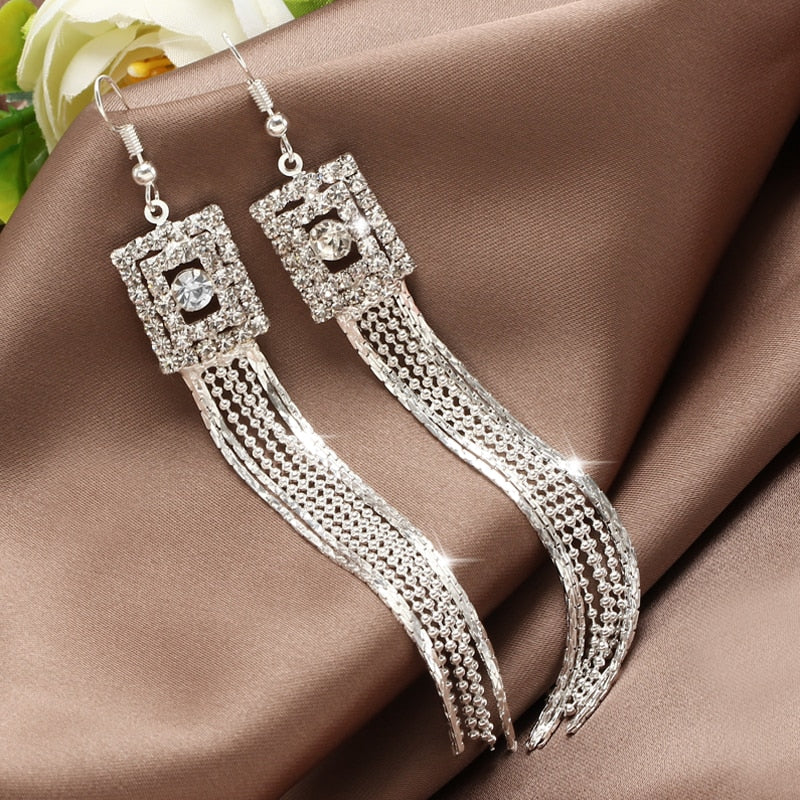 Geometric Crystal Drop Earrings Silver Tassel Zircon Pendant Wedding Earrings Women Charm Brincos