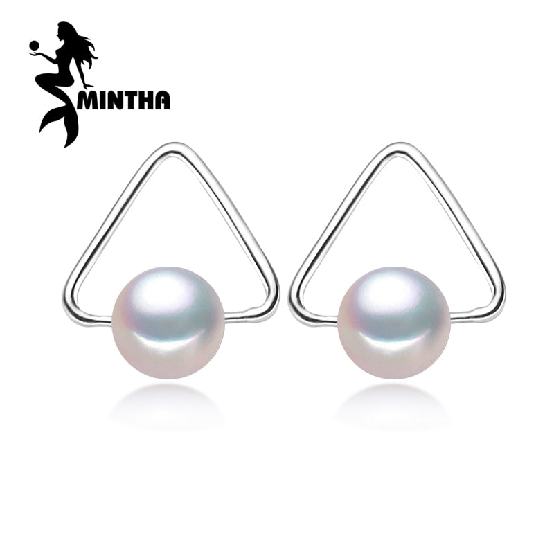 atural Pearl triangle earring,925 Sterling Silver earrings, pearl Jewelry Women classic stud earrings for love best gift