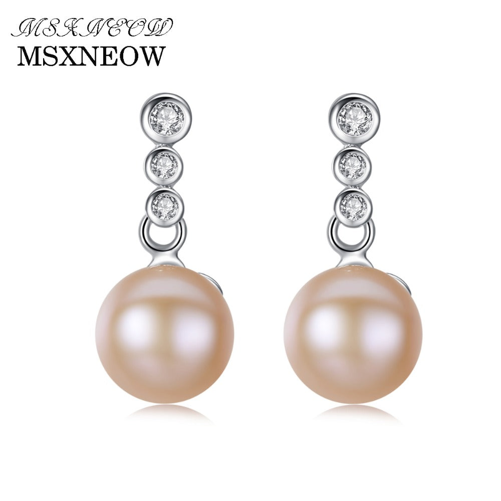 8-8.5mm Natural Pearl Real Silver 925 Women Earrings White/ Pink/ Purple 3 Color Choose Stud Lovely Earrings Jewelry