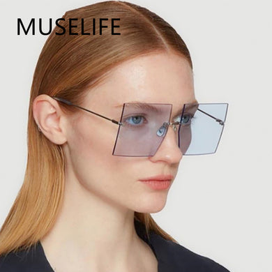 MUSELIFE Oversized Rimless Square Sunglasses Women   Brand Flat Top Red Blue Clear Lens One Piece Men Gafas