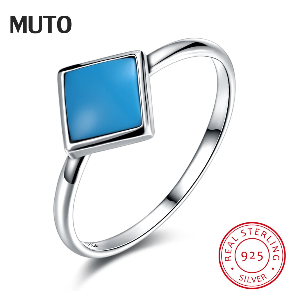 Authentic 925 Sterling Silver Retro Wind Turquoise Vintage Ring Simple Silver Ring for Women Size 6,7,8 Aros SVJZ6245