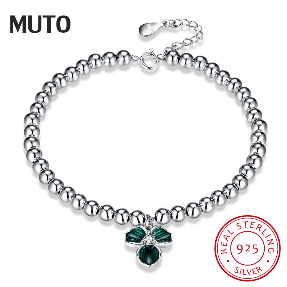 Original Lovely White Gold Color Green Stone Women Bracelet 925 Sterling Silver Beads Fine Jewelry SVSZ3929