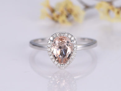 Morganite Engagement Ring 9x6mm Pear shaped Cut Stone,Diamond Band,Bridal Wedding Ring,Anniversary Gift Ring for women