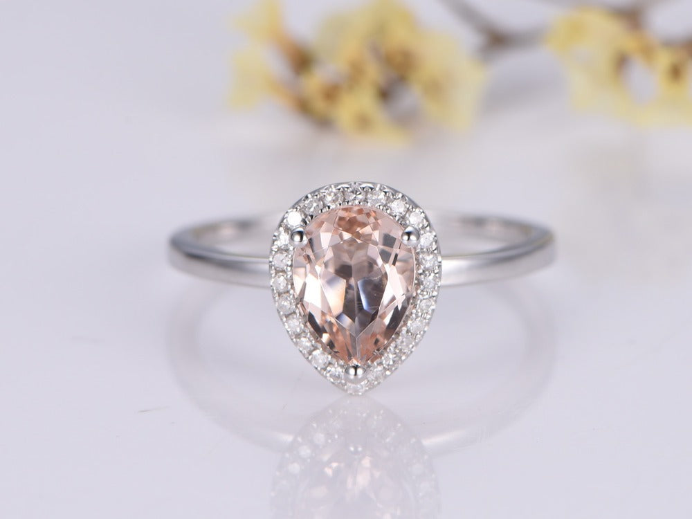 Morganite Engagement Ring 9x6mm Pear shaped Cut Stone,Diamond Band,Bridal Wedding Ring,Anniversary Gift Ring for women