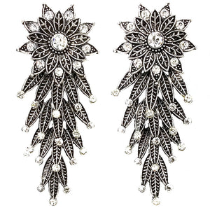 6.7cm Tibetan Silver Color Flower and Leaves With Crystal Long Vintage Earrings Jewelry For Women Fashion