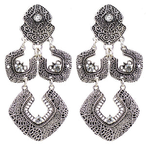 7.5cm Tibetan Silver Color Carved Geometric Long Earrings Vintage Jewelry For Women Fashion